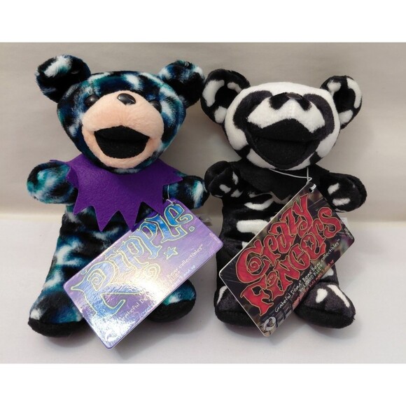 Grateful Dead Bean Bear Plush Toy Liquid Blue Lot of 2 Ripple & Crazy Fingers - Picture 1 of 6